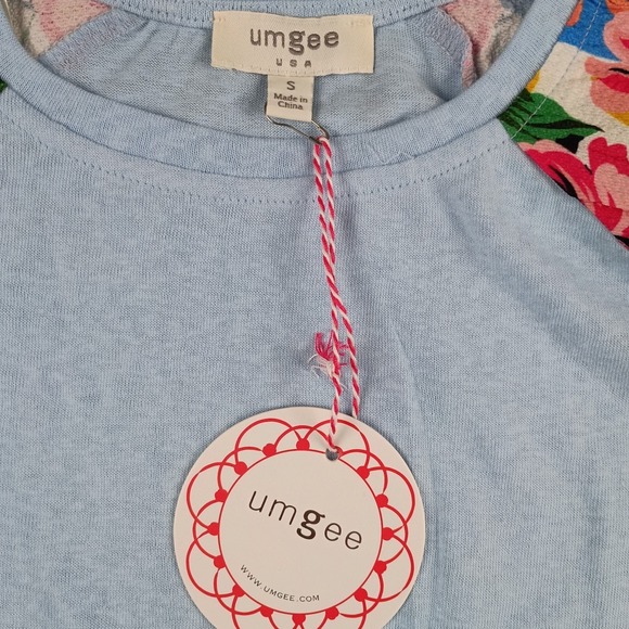 Umgee Mixed Print Long Balloon Sleeve Top Linen Blend Blue Floral Blouse Small - Picture 3 of 9